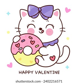 Valentine cat cute cartoon hug sweet donut dessert (kitten playing). Series: love festival kawaii animals. Perfect make a wish for anniversary fairy tale book, celebration party children, greeting.