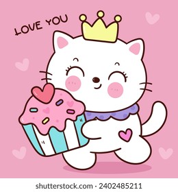 El gato de San Valentín adorable dibujos animados abraza quequitos dulces (juego de gatitos). Serie: el festival de amor los animales kawaii. Perfecto hacer un deseo para un cuento de hadas de aniversario.