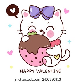 Valentine cat cute cartoon hug sweet strawberry (kitten playing). Series: love festival kawaii animals. Perfect make a wish for anniversary fairy tale book, celebration party children, greeting card.