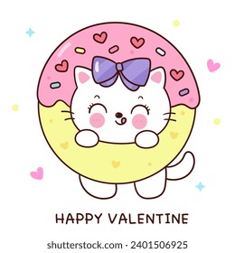 Caricatura del gato de San Valentín en postre de donut dulce (juego de gatitos). Serie: el festival de amor los animales kawaii. Perfecto hacer un deseo para el hada del aniversario.