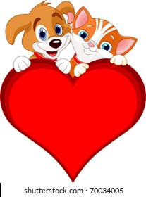 Valentine Cat and dog holding sign heart (add your own message)