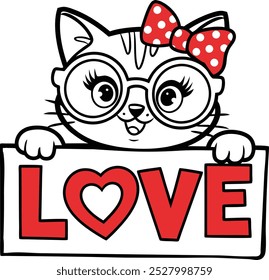  Valentine Cat with Glasses Holding Love Sign Illustration


