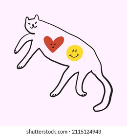 Valentine cat groovy cute comic character boho doodle modern art print funny handdrawn childish cartoon funky trendy style vector illustration clipart