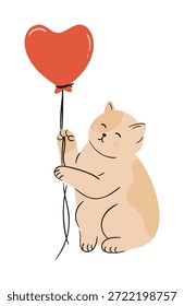 Valentinkatze mit Herzballon, Vektorgrafik in warmen Pastellfarben. Nettes handgezeichnetes Design für Grußkarten, Aufkleber, Poster und soziale Posts.