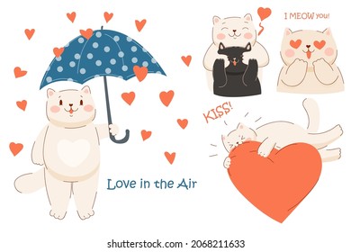 Valentine cat with heart. Love animal. Valentine's day cartoon cute sticker kitten. Stock vector illustration isolated on white background. 