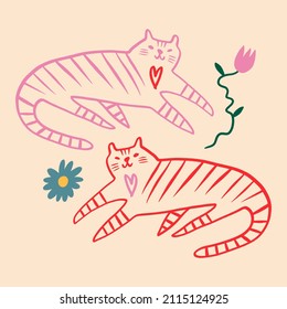 Valentine cats couple groovy cute comic characters boho doodle modern art print funny handdrawn childish cartoon funky trendy style vector illustration