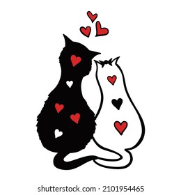 Valentine Cats sitting together, illustration of cat lovers. Valentine's day card. Together forever poster. Vector cat silhouettes with red hearts. Hand drawn clip art.