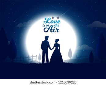 Valentine celebration poster or greeting card design with illustration of loving couple on full moon night background.