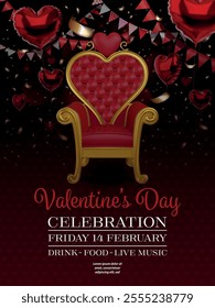 valentine celebration poster with heart shaped throne and heart shaped balloons. valentine's day party flyer with balloons, pennants and confetti