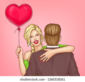 Valentine celebration, romantic date pop art vector concept. Happy smiling blond woman with precious ring on finger, holding red heart balloon in hand, hugging man illustration. Birthday surprise