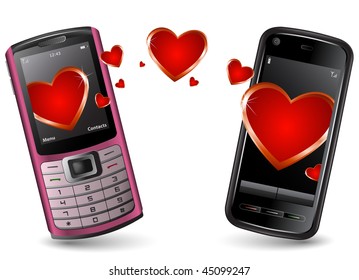 Valentine Cell Phones send and recieve SMS. Pink cell phone and Black Smartphone with hearts.