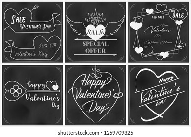 Valentine chalkboard art with sixth elements such as price tag,note paper and typography each element has a unique content and included same border and blackboard pattern
