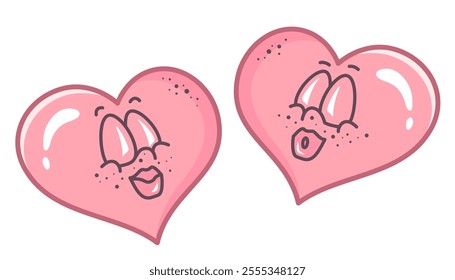 Valentine characters message kiss at each other. Flirting couple. Groovy hearts with Kissing lips. Doodle Hand drawn outline illustration in Retro style. Valentine's Day clipart. Vector illustration