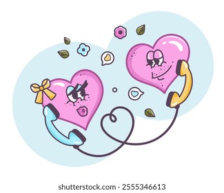 Valentine characters talking. Valentines love. Romantic message to each other. Flirting couple. Present woman concept. Hand drawn outline design in Retro style. Groovy hearts in cartoon style. Vector 