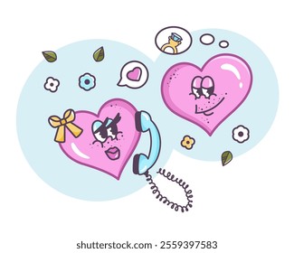 Valentine characters talking. Valentines love. Romantic message to each other. Flirting couple. Hand drawn outline template in Retro style. Funny Groovy hearts in cartoon style. Vector illustration