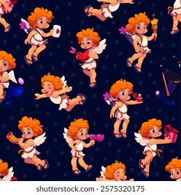 Valentine cherub and angel characters seamless pattern with adorable cupids with curly hair, dressed in traditional angelic attire, holding love themed objects like heart, arrow, ring, gift and torch