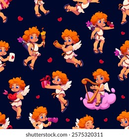 Valentine cherub and angel characters seamless pattern showcases cute cupids with orange curly hair, wings and white garments, engaging in love activities like gifting, playing a harp, shooting arrows