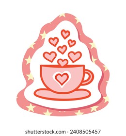 Valentine coffee date sticker, hot drink with flying hearts, pink and red Valentines Day illustration
