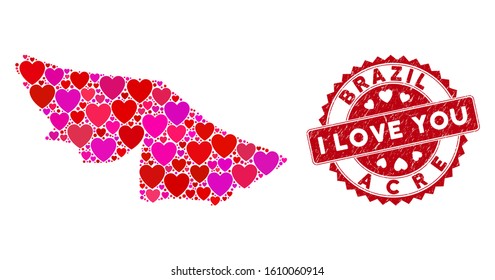 Valentine collage Acre State map and corroded stamp seal with I Love You caption. Acre State map collage composed with randomized red heart symbols. Red round I Love You seal with grunge texture.