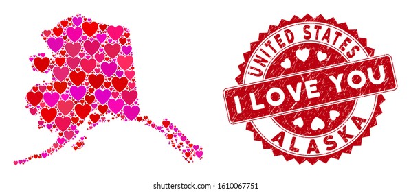 Valentine collage Alaska map and rubber stamp watermark with I Love You text. Alaska map collage composed with random red heart elements. Red rounded I Love You stamp with unclean texture.