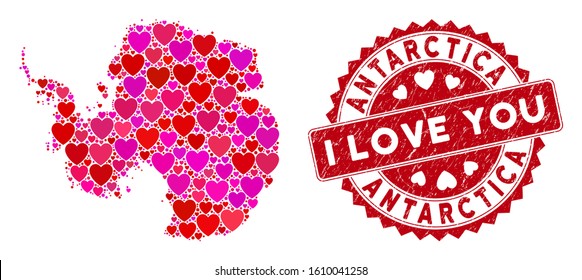 Valentine collage Antarctica map and grunge stamp seal with I Love You words. Antarctica map collage created with scattered red heart items. Red rounded I Love You seal stamp with scratched texture.