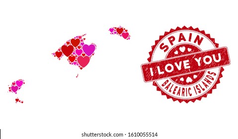 Valentine collage Balearic Islands map and corroded stamp watermark with I Love You words. Balearic Islands map collage composed with scattered red heart icons.