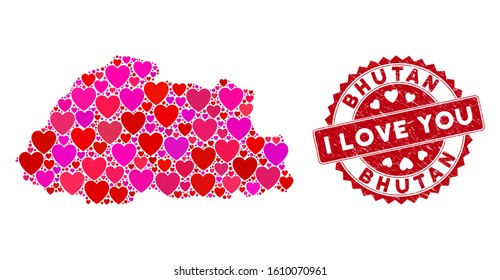 Valentine collage Bhutan map and rubber stamp seal with I Love You text. Bhutan map collage created with scattered red heart elements. Red rounded I Love You seal stamp with dirty texture.