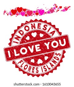 Valentine collage Flores Islands of Indonesia map and grunge stamp seal with I Love You badge. Flores Islands of Indonesia map collage composed with randomized red heart symbols.