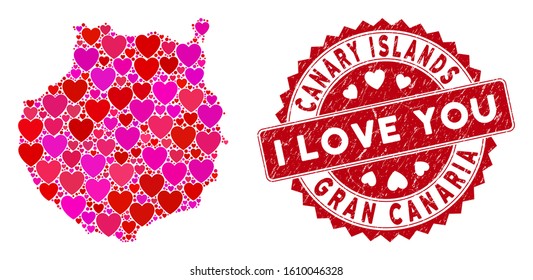 Valentine collage Gran Canaria map and rubber stamp watermark with I Love You text. Gran Canaria map collage designed with randomized red heart items.