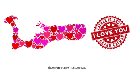 Valentine collage Grand Cayman Island map and corroded stamp seal with I Love You text. Grand Cayman Island map collage composed with randomized red heart symbols.