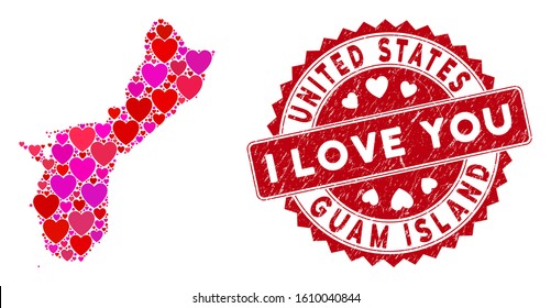 Valentine collage Guam Island map and grunge stamp watermark with I Love You caption. Guam Island map collage constructed with scattered red heart elements.