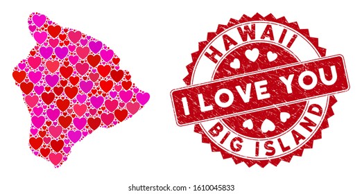 Valentine collage Hawaii Big Island map and rubber stamp watermark with I Love You message. Hawaii Big Island map collage created with scattered red heart icons.