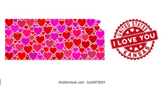 Valentine collage Kansas State map and grunge stamp watermark with I Love You words. Kansas State map collage composed with scattered red heart items. Red rounded I Love You stamp with grunge texture.