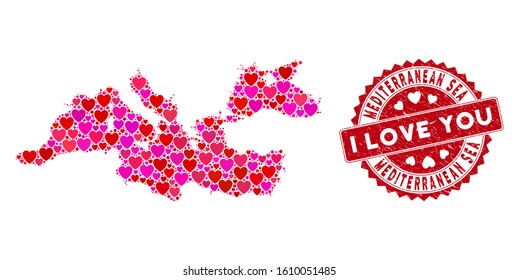 Valentine collage Mediterranean Sea map and rubber stamp watermark with I Love You words. Mediterranean Sea map collage formed with randomized red heart symbols.