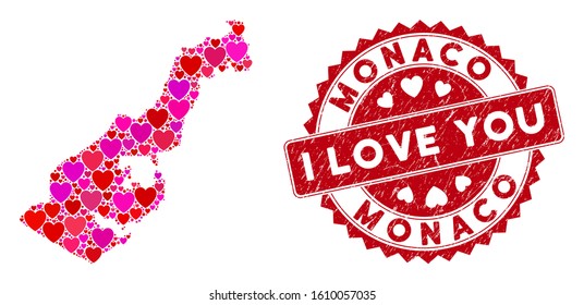 Valentine collage Monaco map and grunge stamp seal with I Love You words. Monaco map collage created with random red heart symbols. Red rounded I Love You seal stamp with dirty texture.