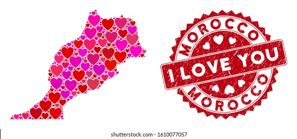 Valentine collage Morocco map and rubber stamp seal with I Love You phrase. Morocco map collage created with randomized red heart items. Red rounded I Love You seal stamp with distress texture.