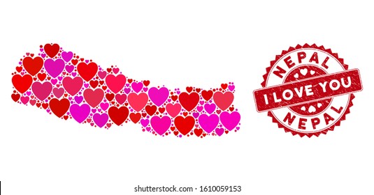 Valentine collage Nepal map and rubber stamp seal with I Love You words. Nepal map collage formed with random red heart items. Red round I Love You seal stamp with scratched texture.