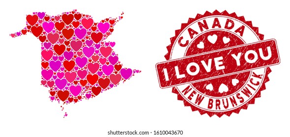 Valentine collage New Brunswick Province map and grunge stamp seal with I Love You phrase. New Brunswick Province map collage created with scattered red heart icons.