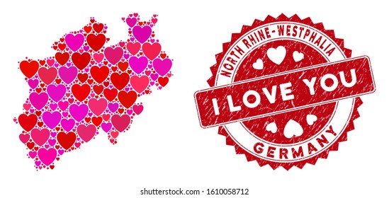 Valentine collage North Rhine-Westphalia Land map and corroded stamp seal with I Love You words. North Rhine-Westphalia Land map collage created with scattered red heart symbols.