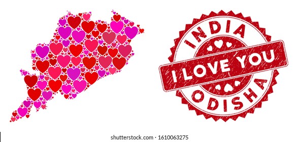 Valentine collage Odisha State map and corroded stamp watermark with I Love You message. Odisha State map collage formed with randomized red heart icons.