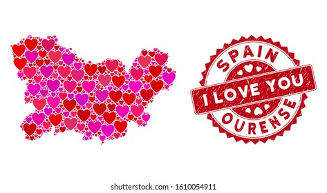 Valentine collage Ourense Province map and distressed stamp seal with I Love You caption. Ourense Province map collage composed with scattered red heart symbols.