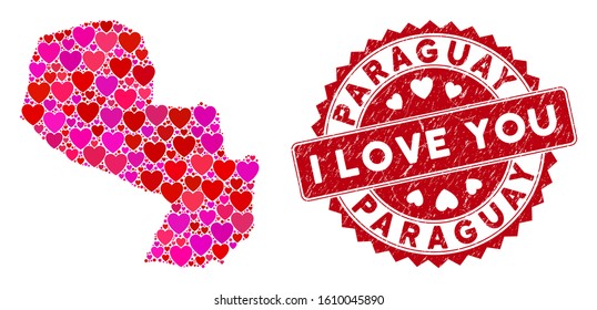 Valentine collage Paraguay map and grunge stamp seal with I Love You text. Paraguay map collage created with randomized red heart icons. Red round I Love You seal stamp with dirty texture.