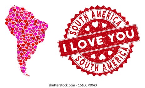 Valentine collage South America map and rubber stamp seal with I Love You caption. South America map collage created with randomized red heart symbols.