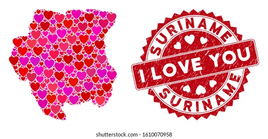 Valentine collage Suriname map and corroded stamp seal with I Love You words. Suriname map collage constructed with scattered red heart items. Red round I Love You seal stamp with distress texture.