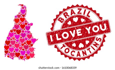 Valentine collage Tocantins State map and corroded stamp seal with I Love You message. Tocantins State map collage composed with random red heart symbols.