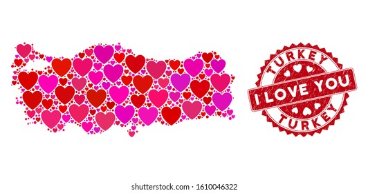 Valentine collage Turkey map and rubber stamp seal with I Love You text. Turkey map collage created with random red heart elements. Red rounded I Love You seal stamp with unclean texture.
