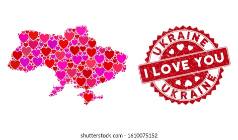 Valentine collage Ukraine map with Crimea and grunge stamp watermark with I Love You text. Ukraine map with Crimea collage composed with scattered red heart items.