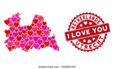 Valentine collage Utrecht Province map and rubber stamp seal with I Love You message. Utrecht Province map collage constructed with randomized red heart symbols.