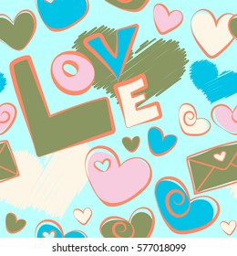 Valentine colorful hearts seamless pattern vector illustration over a green background. Seamless doodle elements.