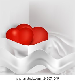 Valentine composition with white satin ribbons and two red hearts on white background. Vector
